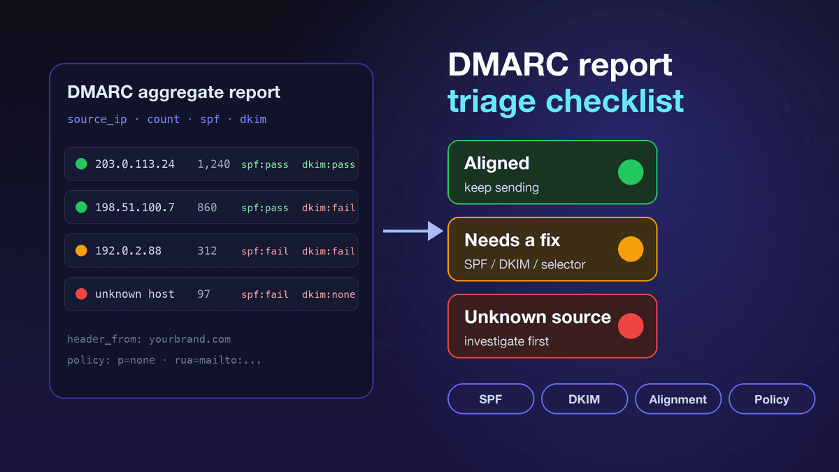A DMARC aggregate report turned into a triage checklist: sending sources sorted into aligned, needs-fix and unknown, beside SPF, DKIM and alignment checks