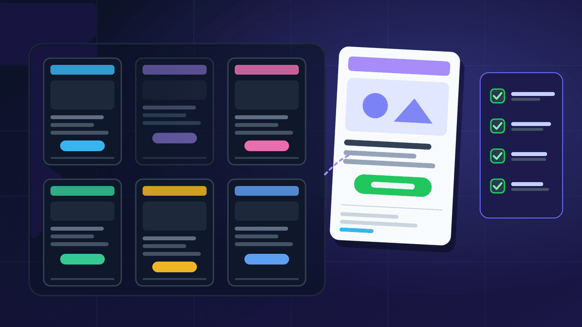 Illustration of six email layout wireframes arranged on a board, each with a header bar, content blocks and a highlighted button, with one layout lifted forward and a checklist of footer items beside it