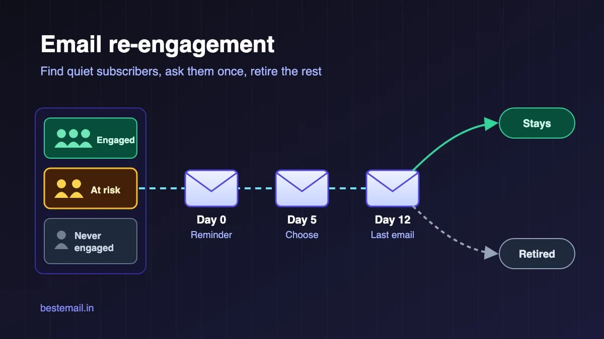 Subscribers sorted into engaged, at risk and never engaged groups, with three win-back emails on day 0, day 5 and day 12 leading to either staying or being retired