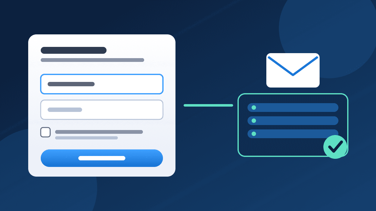 Illustration of an email signup form with an email field, an unticked consent checkbox and a blue subscribe button, with an arrow to a subscriber list and a green tick