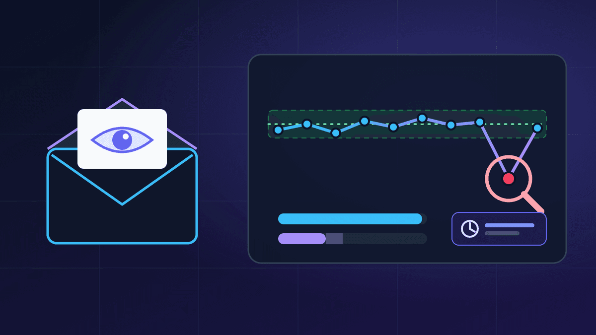 Illustration of an opened envelope with an eye icon beside a chart where weekly open rates sit inside a shaded baseline band and one sharp dip is circled by a magnifying glass