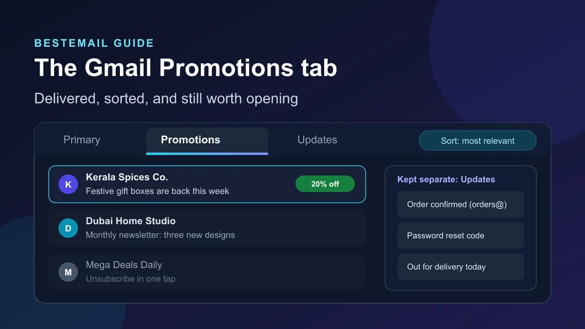 An inbox with Primary, Promotions and Updates tabs: promotional offers sorted by most relevant in Promotions, order and password emails in Updates