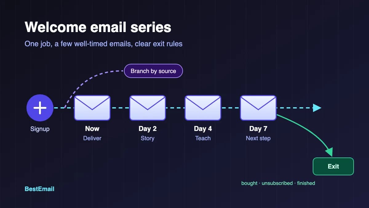 A timeline of four welcome emails sent now, on day 2, day 4 and day 7, with a branch by signup source and an exit for people who buy, unsubscribe or finish